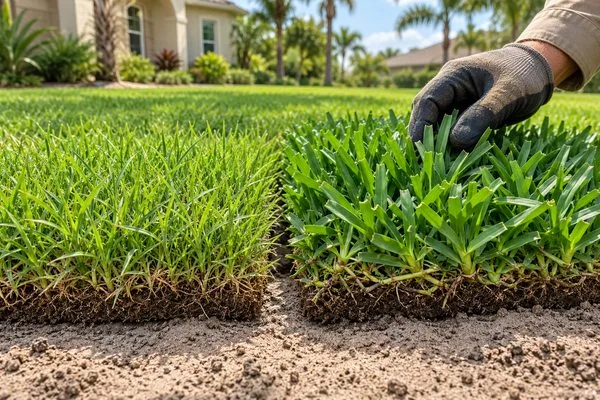 Landscaper compares two fresh sod samples with different blade widths and textures in a sunny residential yard.