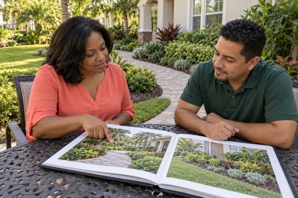 Homeowner and landscape designer review a portfolio of completed gardens at an outdoor patio table.